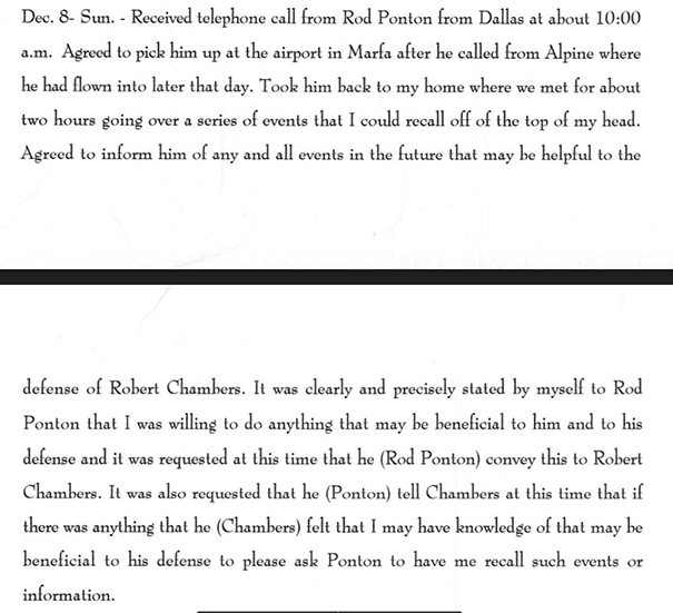 Type-written note from Katherine Palmira outlining how she had met Rod Ponton and agreed to help if she could.