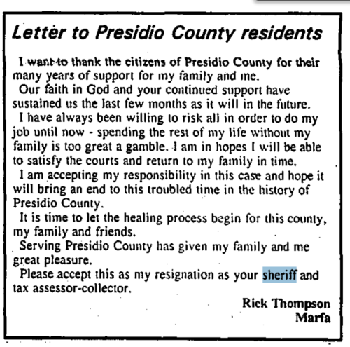 Letter from Sheriff Rick Thompson resigning